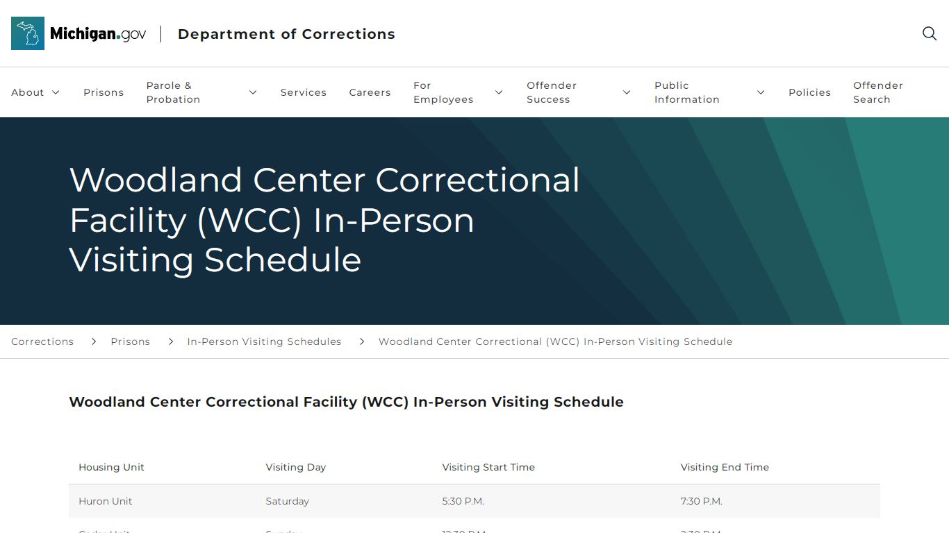 Woodland Center Correctional (WCC) In-Person Visiting Schedule